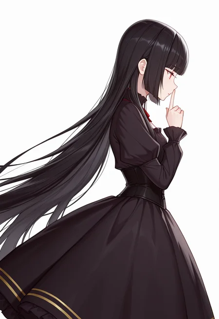 Smooth Quality,masterpiece,very intricate, high quality details, ultra realistic, high detailed skin,detailed enviorement,absurdres,
shushing,
<lora:Atre_CNR:0.8> atre_cnr, 1girl, black hair, very long hair,blunt bangs, red eyes,, simple background, white background, from side,solo,, depressed,, blouse, ,corset top, ,circle skirt, ,