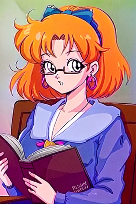 1girl, 80's anime style, <lora:TFM_FTA:0.6>, as a teacher in a class reading a book, bow in her hair, earrings, glasses,