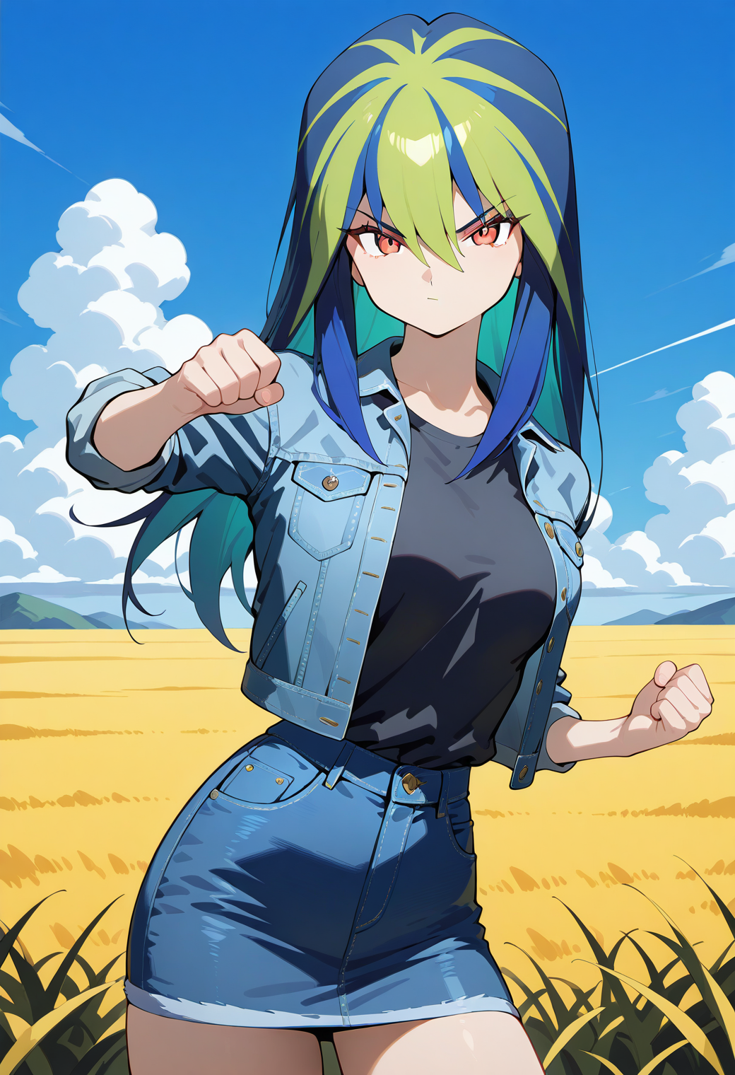 zakennjya_neeyo, red eyes, multicolored hair, green hair, blue hair, two-tone hair, long hair, hair between eyes, denim jacket, denim skirt, <lora:zakennjya_neeyo_illustrious_ver1:0.8> 
glaring, 1girl, solo, (field:1.2), (blue sky:1.2), looking at viewer,, masterpiece, best quality, general,, (cowboy shot, dynamic pose:1.4),