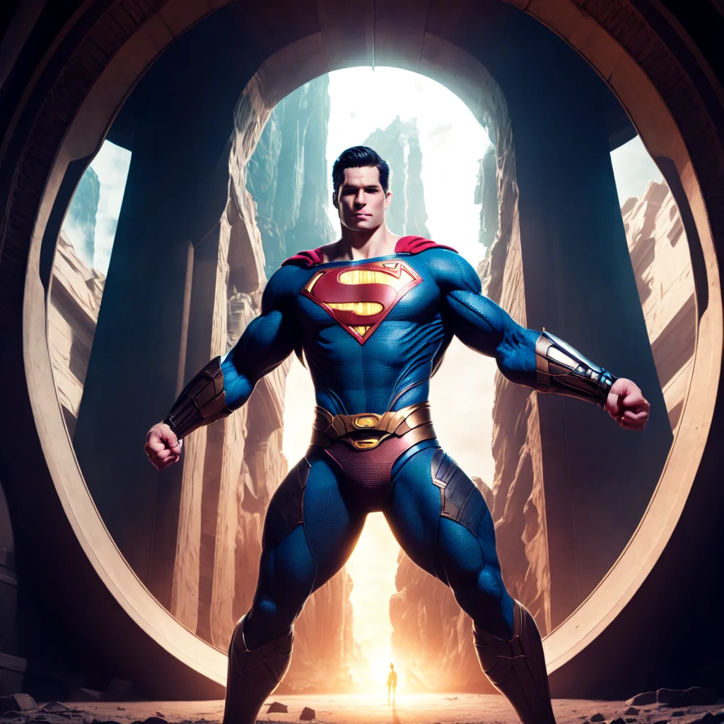 photo, superman (thnos:0.5) standing in front of, a tunnel (BaroqueWarrior style:1) (ToweringPortal style:0.8) <lora:djzToweringPortalV21:0.8>  <lora:thanos1521768Lora_sd21768:0.4>