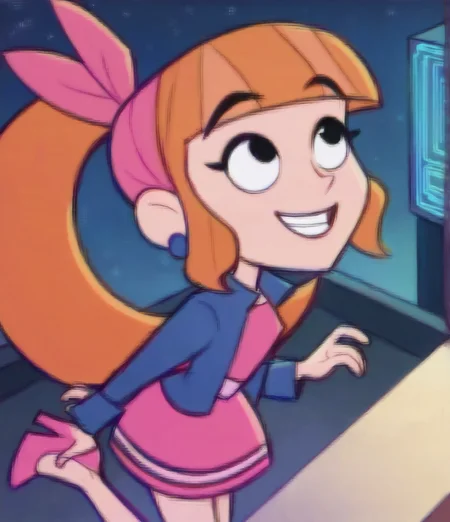 1girl, 2d artwork,masterpiece, <lora:teodoraponyv2:0.8> teodora, score_9, score_8_up, score_8, source_anime, teodorapony, 1girl, solo, jewelry, earrings, long hair, orange hair, black eyes, bandana, bangs, ponytail, high heels, blunt bangs,skirt, pink footwear, ponytail, pink dress, high heels, pink skirt, jacket, dress, ((night time, city, neon lights)),cowboy shot, looking up, smiling, happy, from above