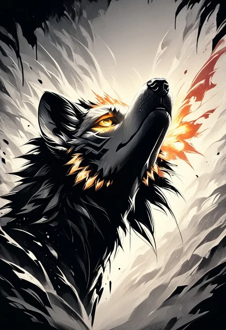 score_9, score_8_up, score_7_up, score_6_up, score_5_up, score_4_up, (solo), (fluffy:0.8), (feral), outline, white mask, teeth, glowing eyes, white horns, (hollowfication), outdoors, furry, (((hyena))), glowing purple eyes, grey fur, black ears, claws, (red glowing magical staff), in the style of Beatrix Potter, cel-shading, monochromemuse, monochrome, greyscale, ink splatter, linquivera, forest, dramatic angle, (head focus, head shot, close up:1.5), cartoon, detailed background