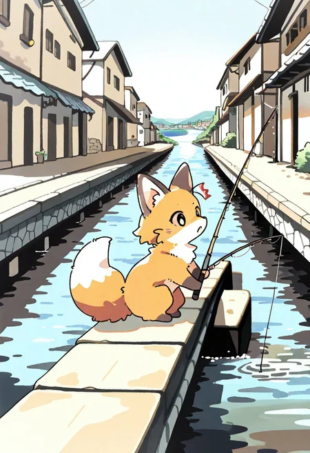 (masterpiece, best quality, high quality, highres), very awa, highres, absurdres,
(naguru \(cyoroama\), (chii-kun \(seedyoulater\):0.7), 
(fox:1.1),
(no humans:1.1), (cute:1.2), comfy, solo, cozy,
fishing, holding fishing rod, sunny day, relaxed, surprised, causeway, town, river,