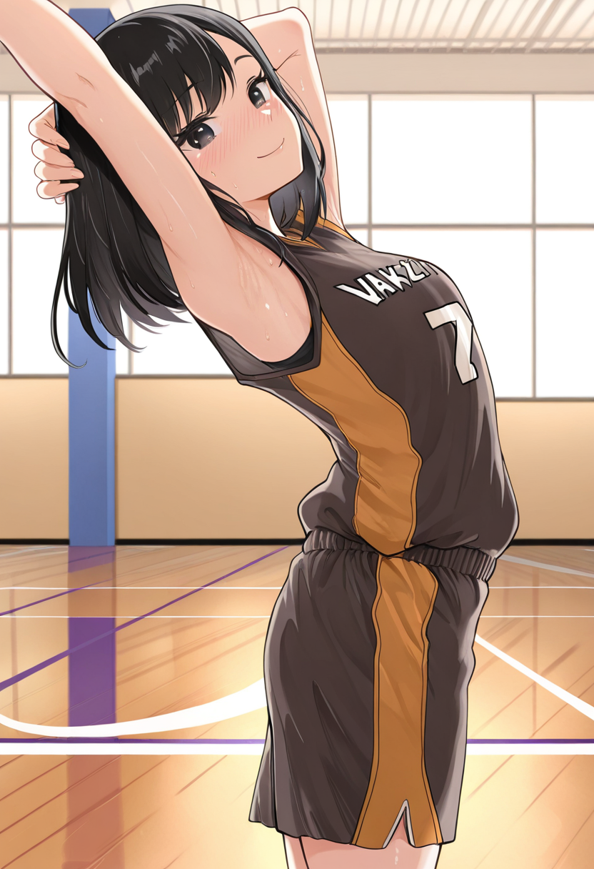 masterpiece,best quality,amazing quality, solo, 1girl, adult, japanese, black hair, medium hair, slim, jersey, shorts, standing, stretching, arm behind head, armpit, from side, basketball court, looking at viewer, blush, smile,, indoors, sweat, f0r0m0t0t4k3ru,  <lora:Furumoto_Takeru_Style_IL:1>