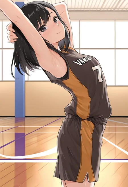 masterpiece,best quality,amazing quality, solo, 1girl, adult, japanese, black hair, medium hair, slim, jersey, shorts, standing, stretching, arm behind head, armpit, from side, basketball court, looking at viewer, blush, smile,, indoors, sweat, f0r0m0t0t4k3ru,  <lora:Furumoto_Takeru_Style_IL:1>