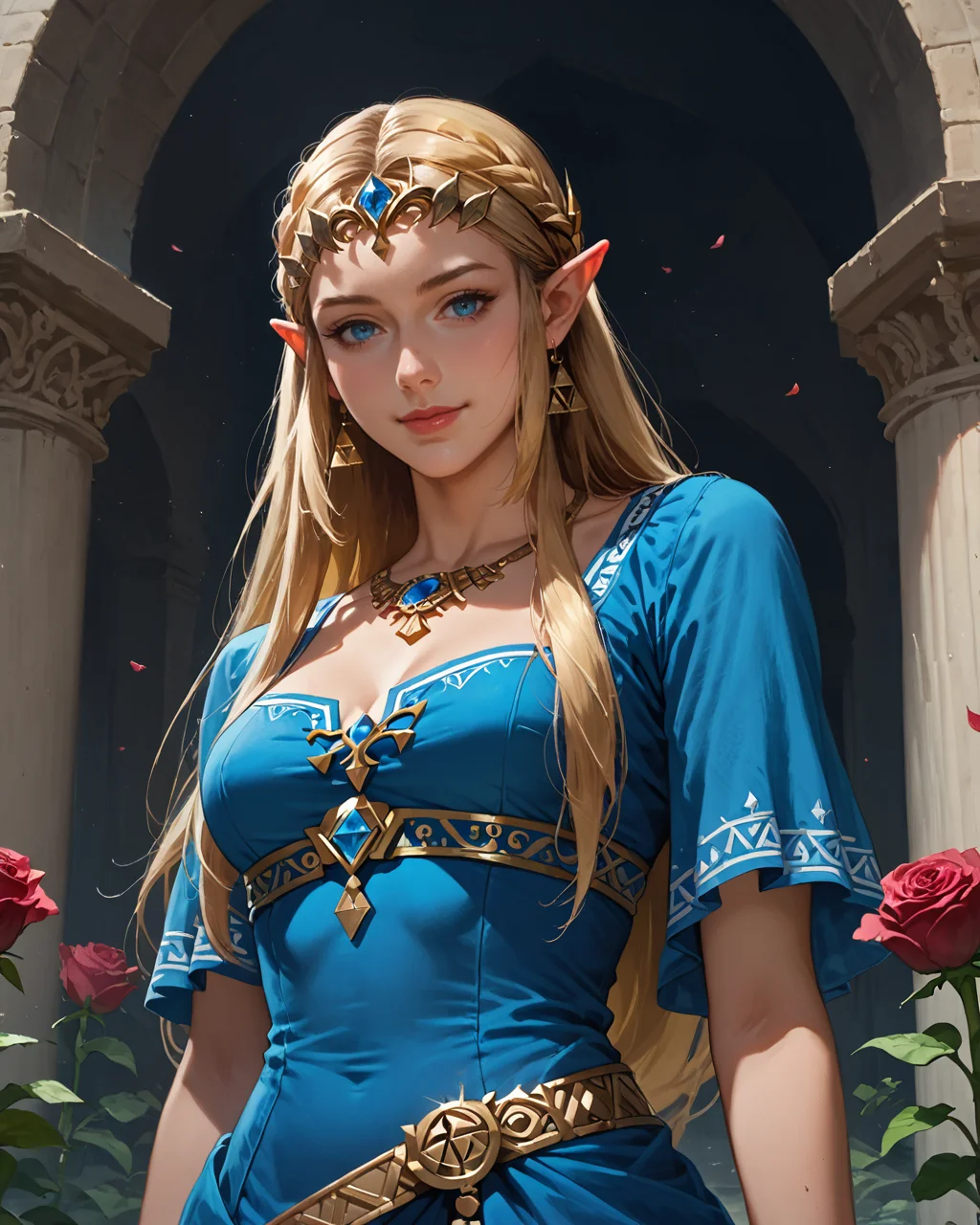 score_9, score_8_up, score_7_up, zPDXL, ,source_anime,sexy Princess Zelda, 20 years old, half body portrait, (blonde hair:1.2), big blue eyes, long hair, modest smile, seducing viewer, royal dress, Triforce, Hylian symbols, roses, from below, air of superiority, golden tiara, flowers, plants, cinematic lighting, golden archhighly detailed, high quality, realism, realistic, illustration, anime, masterpiece,<lora:Expressive_H-000001:0.8>,,<lora:Concept Art Twilight Style SDXL_LoRA_Pony Diffusion V6 XL:0.8>,,<lora:sinfully_stylish_SDXL>,