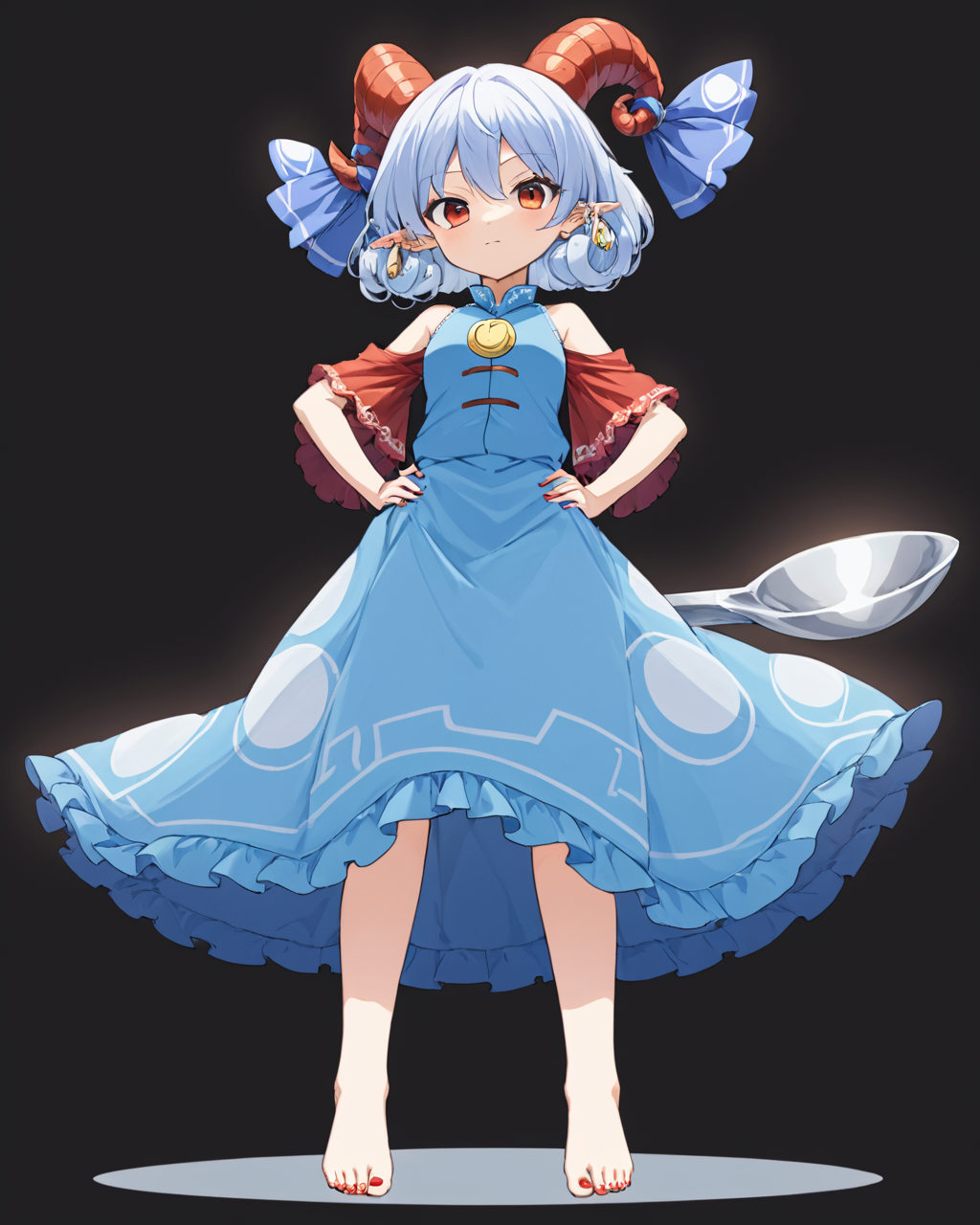 toutetsu yuuma,1girl, solo, barefoot, sharp_teeth, red_nails, horn_ribbon, one_eye_closed, red_horns, earrings, toenail_polish, blue_dress, sheep_horns, detached_sleeves, white_background, red_sleeves, simple_background, hand_on_hip, full_body, standing, blue_ribbon, holding, bare_shoulders, oversized_object
<lora:toutetsu_yuuma_image1106_2023-12-20-000014:1>,star-shaped_pupils,symbol-shaped_pupils,. gorgeous,key visual, vibrant, studio anime,award-winning, professional, highly detailed,high budget, cinemascope