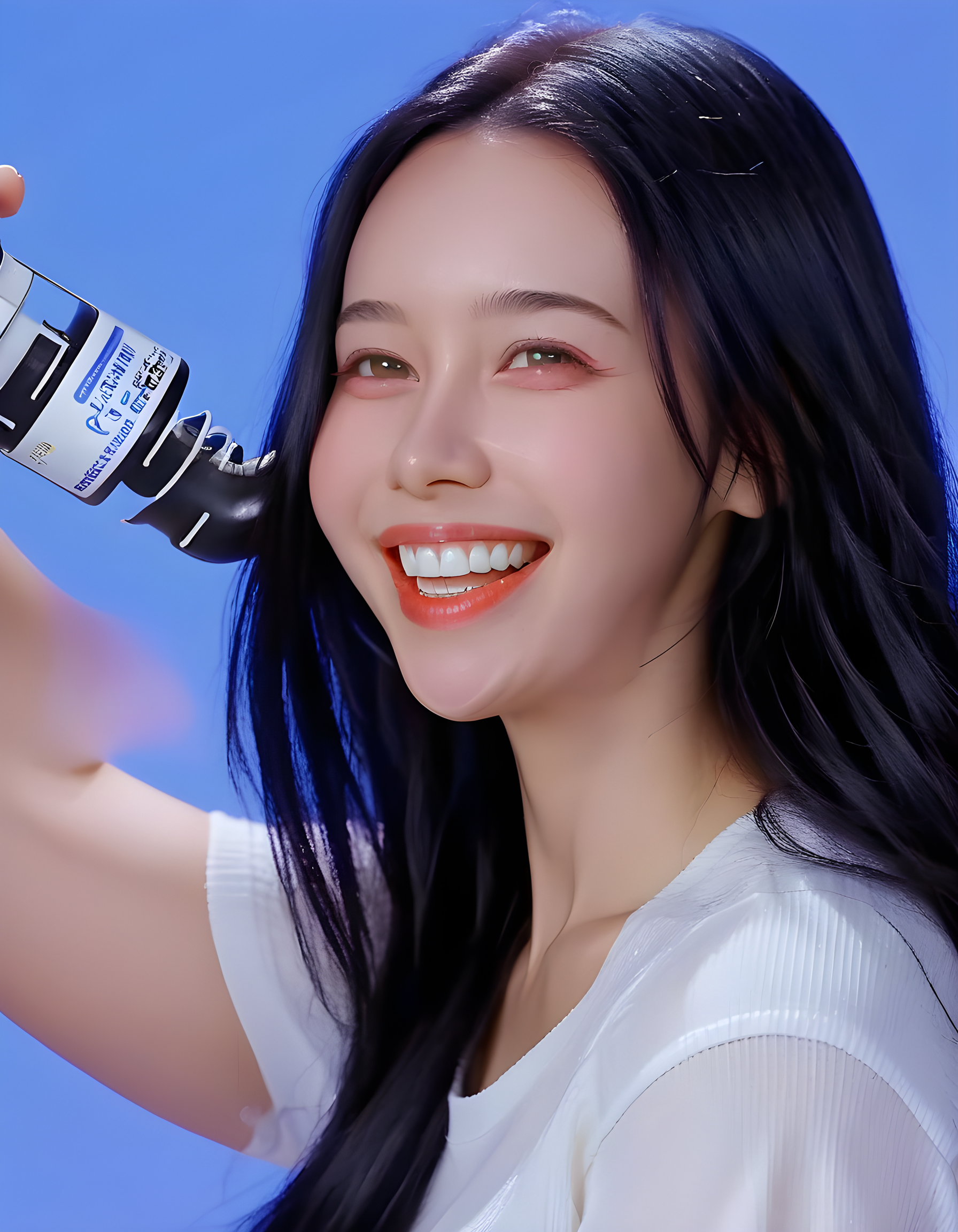 In a vibrant, digital landscape with a cerulean backdrop illuminated by soft, neon lights, L334Y - a woman of striking beauty with long, raven-black hair cascading down her shoulders, wears a simple white shirt adorned with the lettering of her username. Her lips curve into a radiant smile and a contagious grin as she poses confidently, leaning slightly against an industrial metal pipe, her silhouette creating an intriguing contrast against the bright blue backdrop. The scene captures the essence of digital coolness, exuding a sense of individuality and playful energy.