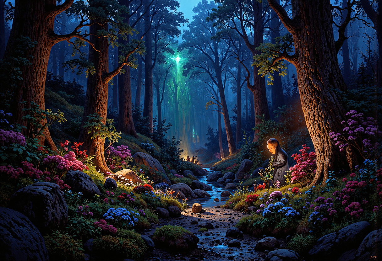 (in full view:1.2), (seen from a distance, wide angle:0.55), The style a combination of [Issac Asimov|Igor Zenin|Heather Theurer], Under lighting, alien planet, alien plants, bioluminescent plants. Harmonious madness, synergy with chance, unique art style, mind bending art. Digital painting in a realistic style representing strange visions of A forest, struck by a meteorite that has been altered by radiation coming from the meteor. The forest, once a popular place for walks has transformed into something out of another reality. The trees, plants and animals have all begun to transform into life forms alien to earth. The wild flowers have developed unusual growth patterns, most have become vines with smaller flowers and are less colorful. The trees have stayed their usual green color but their shape and size have been altered. Even nonliving things have been altered such as boulders, steel and concrete.    A digital rendering covering the entire area, high-res, ultra detailed, photo manipulation, altered realities, <lora:+FluxVelvet's_Mythic_Fantasy:0.7> <lora:Midjourney_Whisper_Chromaplex_Velvet_Myst_v01:0.4> <lora:Epic_gorgeous_Details-flux.1:0.4> <lora:Amazing_scenery_v3:0.6> <lora:UltraReal_Fine-Tune:0.3> <lora:Realism-lora-Flux:0.6> <lora:low-light-flux-v2:0.5>
