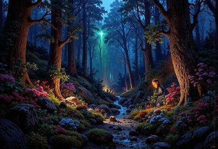 (in full view:1.2), (seen from a distance, wide angle:0.55), The style a combination of [Issac Asimov|Igor Zenin|Heather Theurer], Under lighting, alien planet, alien plants, bioluminescent plants. Harmonious madness, synergy with chance, unique art style, mind bending art. Digital painting in a realistic style representing strange visions of A forest, struck by a meteorite that has been altered by radiation coming from the meteor. The forest, once a popular place for walks has transformed into something out of another reality. The trees, plants and animals have all begun to transform into life forms alien to earth. The wild flowers have developed unusual growth patterns, most have become vines with smaller flowers and are less colorful. The trees have stayed their usual green color but their shape and size have been altered. Even nonliving things have been altered such as boulders, steel and concrete.    A digital rendering covering the entire area, high-res, ultra detailed, photo manipulation, altered realities, <lora:+FluxVelvet's_Mythic_Fantasy:0.7> <lora:Midjourney_Whisper_Chromaplex_Velvet_Myst_v01:0.4> <lora:Epic_gorgeous_Details-flux.1:0.4> <lora:Amazing_scenery_v3:0.6> <lora:UltraReal_Fine-Tune:0.3> <lora:Realism-lora-Flux:0.6> <lora:low-light-flux-v2:0.5>