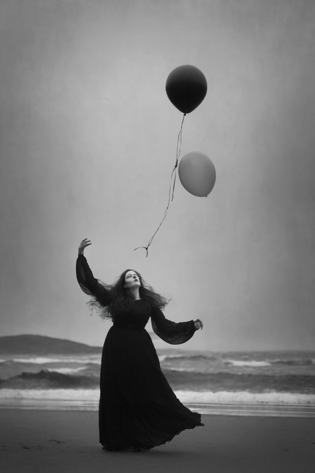 <lora:Photographer Maren Klemp Style:1>Photographer Maren Klemp Style - a woman in a long dress holding a balloon in the air on a beach