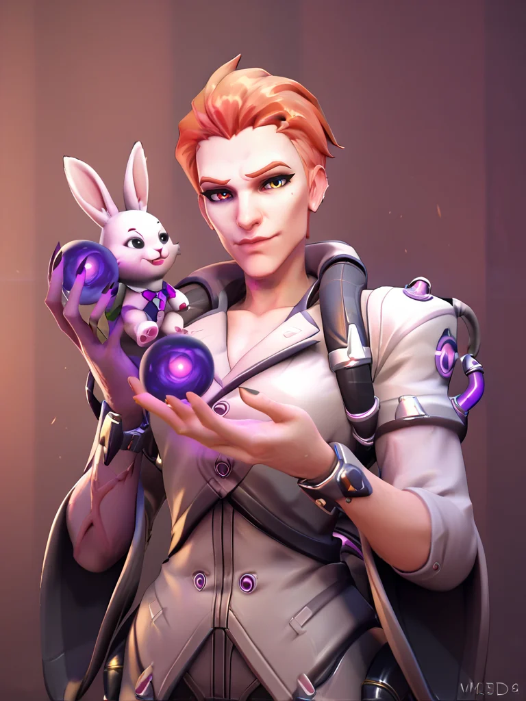 score_9, score_8_up, score_7_up,score_6_up, 2.5d, highly detailed,1girl, medium shot, moiraow2, moira (overwatch) ,heterochromia, purple arm, holding a bunny<lora:MoiraOW2-000035:.8>
