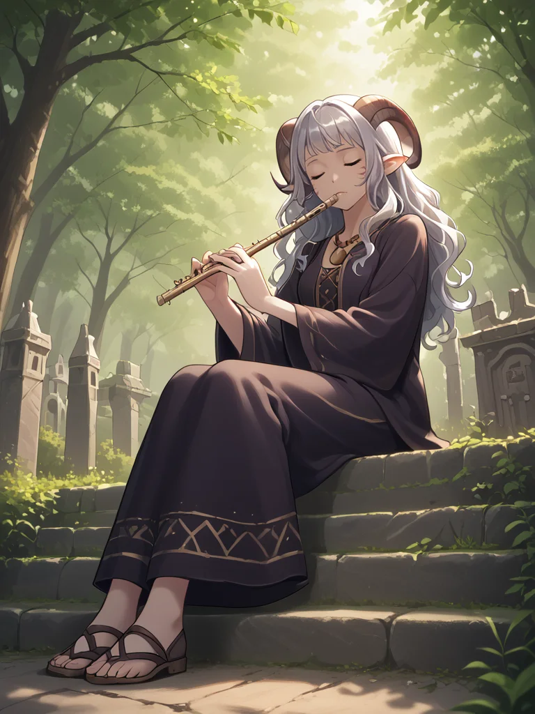 source_furry, score_7_up, rating_safe, sitting, <lora:Graveyard:1>graveyard:1.5, day,
anime face,<lora:whisker_markings:0.8>red whisker_markings, silver long wavy hair, bell necklace, short pointy ears, purple eyes, <lora:age_slider_v4:0.6>
<lora:Smooth Style 2 SDXL_LoRA_Pony Diffusion V6 XL:0.3> full body, closed eyes, close up:1.3 ,<lora:flute:0.8> flute:1.3, holding instrument:1.3,
<lora:Test_Diana:0.8> tiefling_bard_diana, from below,