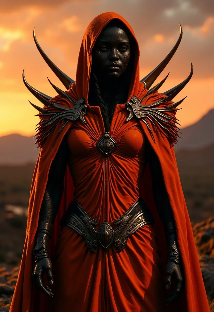 Gothic Fantasycore Witchblade suit, orange and black, Interstellar Dinosaur Ultimate Form, fluid metal vest, Bodybuilder, Super Hero "Super Dino" + Beautiful Female exagerated venom like, very muscular, atomic chest, super hero, character portrait, vivid art style, at sunset. Adding depth to the composition. High resolution, high detail, sharp focus, professional photography, full frame.