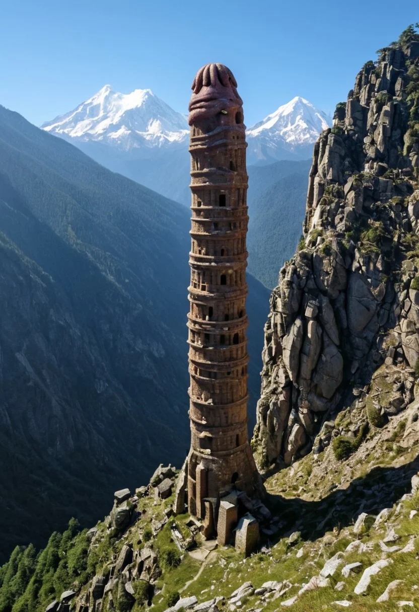 <lora:TheWeirdies_epoch_10:0.55>  , advntr , epiCPhotoGasm-colorfulPhoto, 
score_9, score_8_up, score_7_up, score_6_up
Phallic Tower was  hollowed out the mountain for the rock that made up his tower and used the space created to hide further treasure. This phallic landmark was the isolated keep of within the remains of the tower and used the defenses created by Durlag to keep both itself and the treasure safe. Some claimed that this creature was a phallus. No humans
(Phallus-shaped tower fortress high on the highest peak of the highest mountain with all other sharp and snowing peaks far below . The phallic tower looks out over a side vista of the tops of countless mountains in a huge range like the Himalayas, snow and frost cover every surface. ) ((maximum detail, very unsubtle and very phallic imagery , supreme quality, 4k, best clarity)), (((anatomically-accurate phallic shape)))
