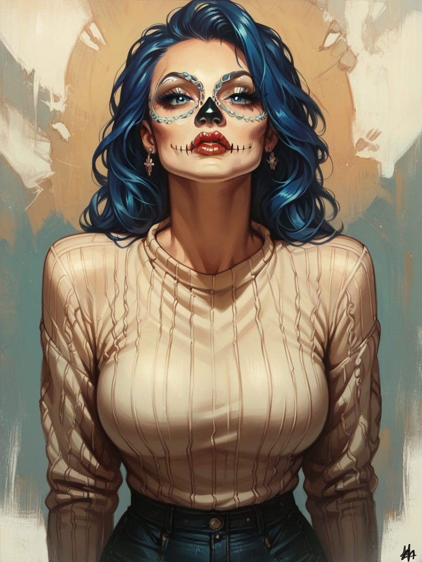 score_9, score_8_up, score_7_up, score_6_up, score_5_up,  <lora:CalaveraPXLP:0.8> calavera, 1girl, curvy, sweater, looking at viewer, blue eyes, blue hair
