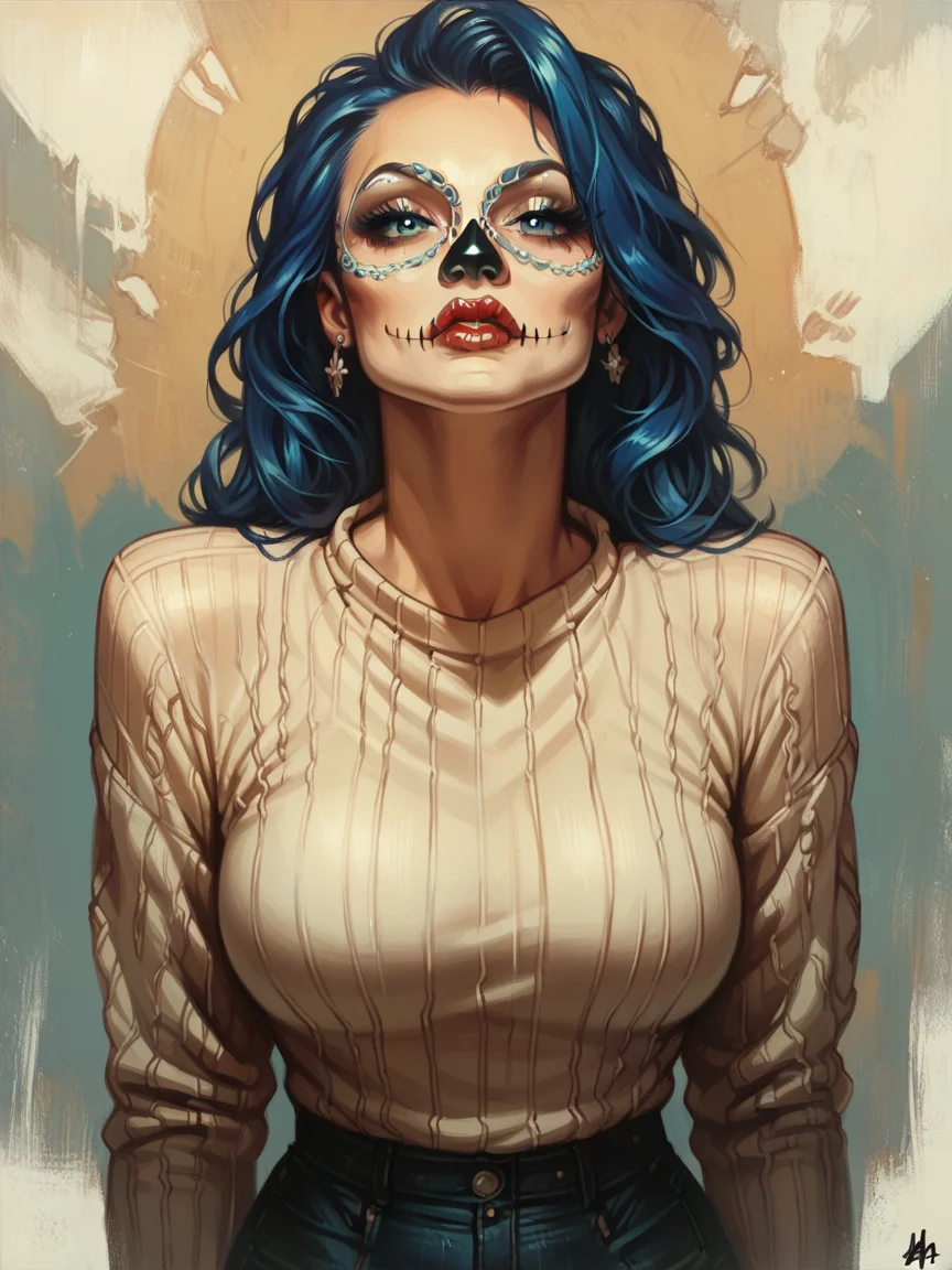 score_9, score_8_up, score_7_up, score_6_up, score_5_up, <lora:CalaveraPXLP:0.8> calavera, 1girl, curvy, sweater, looking at viewer, blue eyes, blue hair