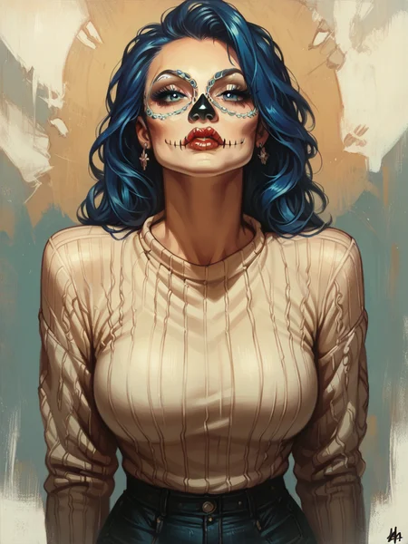 score_9, score_8_up, score_7_up, score_6_up, score_5_up,  <lora:CalaveraPXLP:0.8> calavera, 1girl, curvy, sweater, looking at viewer, blue eyes, blue hair
