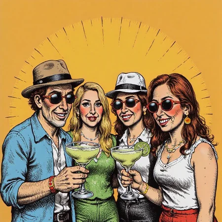 a bright illustration of a group of people drinking margaritas, in the style of r0b3rt_crum8