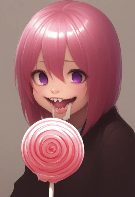 CivChan, purple eyes, pink hair,
(licking a giant lollipop made from teeth, made_from_teef:1.5)
