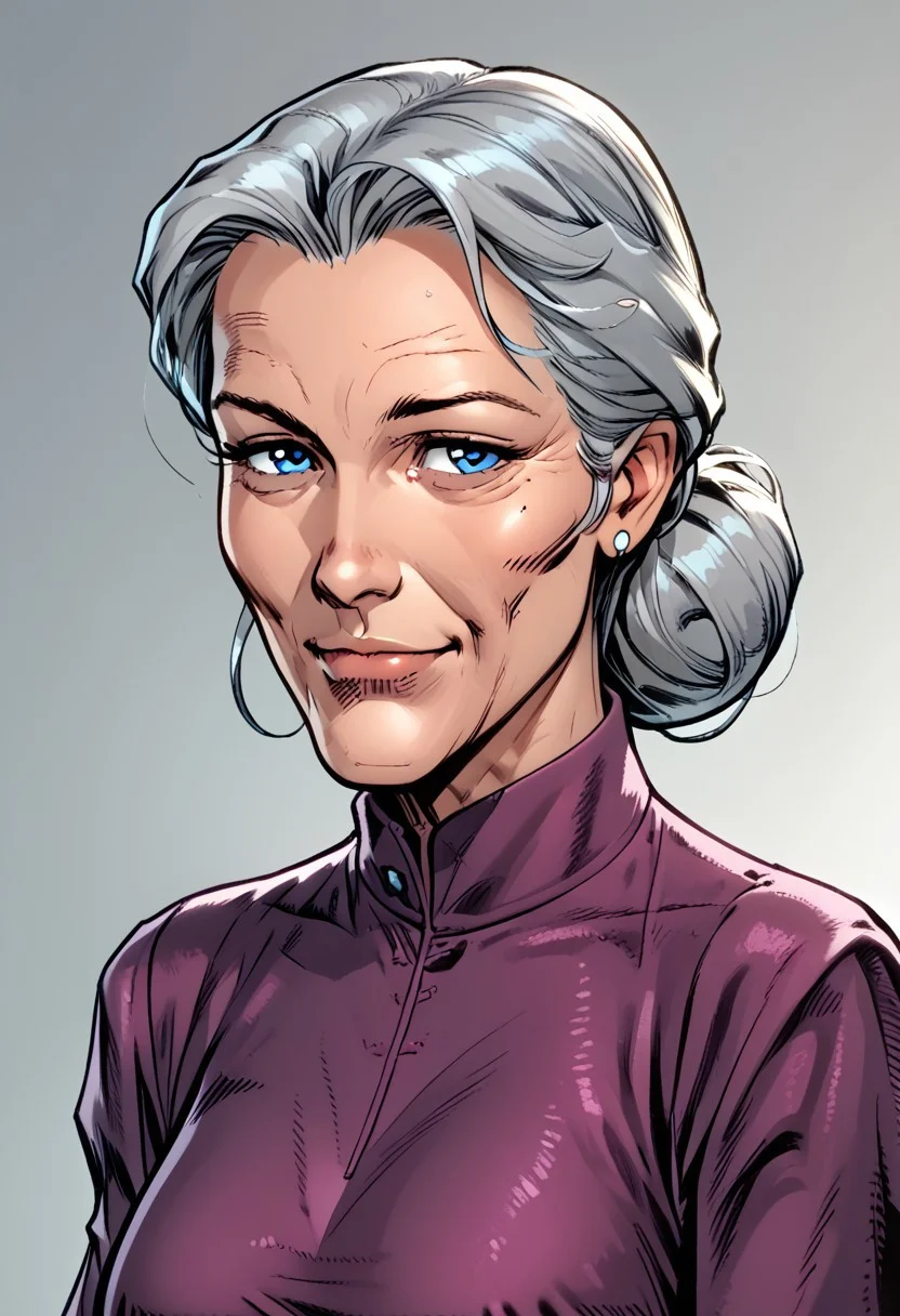 Sinozick Style,score_9, score_8_up, score_7_up, score_6_up, masterpiece, best quality, 1girl, Aunt May,old woman,blue eyes, purple dress,grey hair,single hair bun,zPDXL3, zPDXLxxx, <lora:easynegative:1> solo, large breasts, portrait, gradient background, mouth closed,slight smile