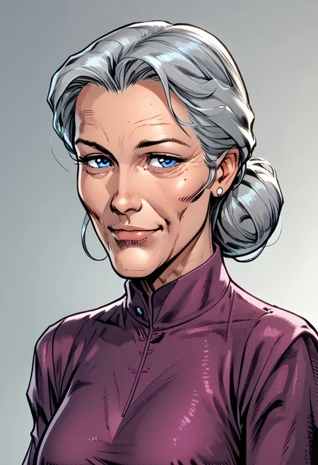 Sinozick Style,score_9, score_8_up, score_7_up, score_6_up, masterpiece, best quality, 1girl, Aunt May,old woman,blue eyes, purple dress,grey hair,single hair bun,zPDXL3, zPDXLxxx, <lora:easynegative:1> solo, large breasts, portrait, gradient background, mouth closed,slight smile