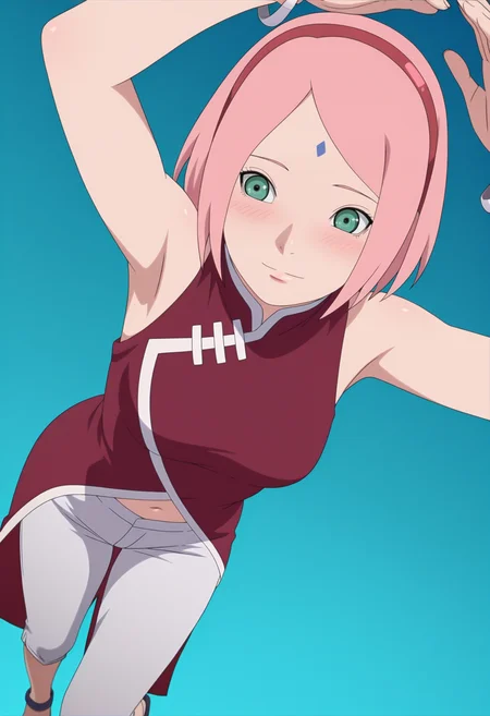 masterpiece, best quality, amazing quality, anime coloring, anime screencap, 1girl, solo, <lora:DX888Sakura:1>haruno sakura, pink hair, green eyes, forehead mark, bob cut, hairband, sleeveless dress, red dress, navel, bracelet, capri pants, sandals, light smile, blush, BREAK dynamic pose, from above, heart arms,, gradient background, blue background