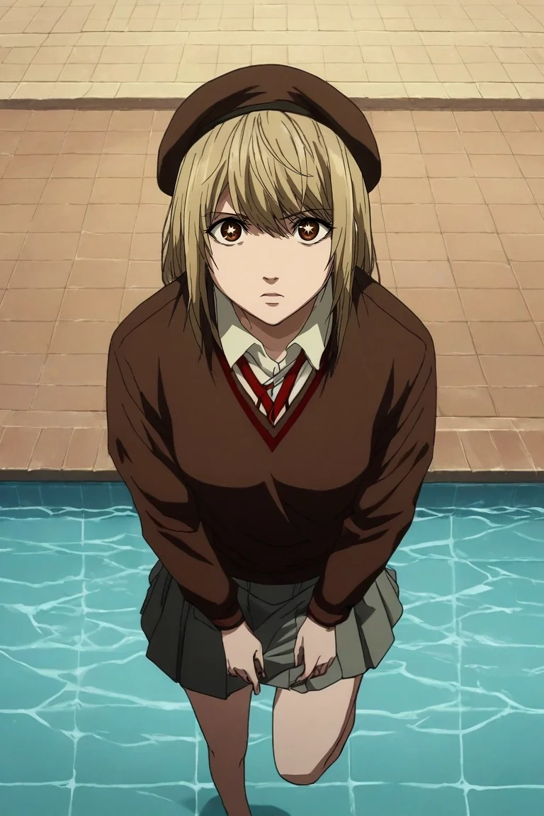 zPDXL, score_9, score_8_up, score_7_up, rating_safe, intricate details, looking at viewer, , 1girl, brown eyes, dirty blonde hair, fauxhawk, chopsticks, school uniform, beret, solo, from above, pool, indoors, light, standing on one leg, sparkling eyes, <lora:death_note_style_pony:1.22>, death_note_style, , <lora:sdxl_lightning_8step_lora:1>