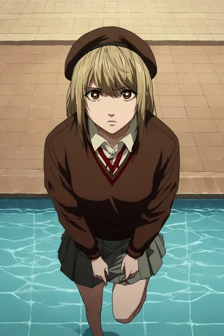zPDXL, score_9, score_8_up, score_7_up, rating_safe, intricate details, looking at viewer, , 1girl, brown eyes, dirty blonde hair, fauxhawk, chopsticks, school uniform, beret, solo, from above, pool, indoors, light, standing on one leg, sparkling eyes, <lora:death_note_style_pony:1.22>, death_note_style, , <lora:sdxl_lightning_8step_lora:1>