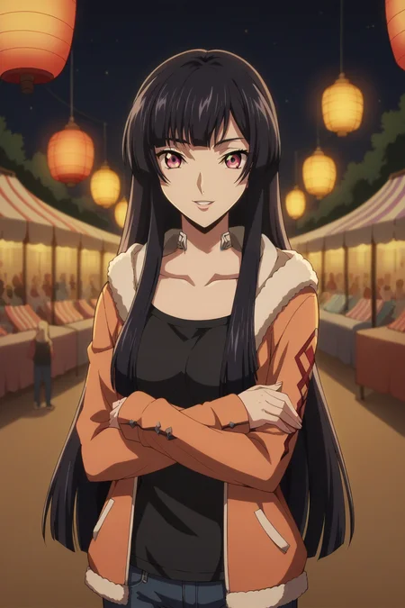 score_9, score_8_up, score_7_up, source_anime, 1girl, prefect lighting, very aesthetic, intricate details, highly detailed background, masterpiece, high quality, prefect hands, best quality, solo,
<lora:Sakuya_Sumeragi_Code_Geass_Rozé_of_the_Recapture:.85>, black hair, pink eyes, hime cut, long hair,
Jeans, oversized clothes, white open hoodie, black shirt,
POV, crossed arms, smile, parted lips,
outside, festival, summer festival, summer, night, lantern, market stall, moonlight,
(Beautiful, medium Breasts:1.2), natural breasts,