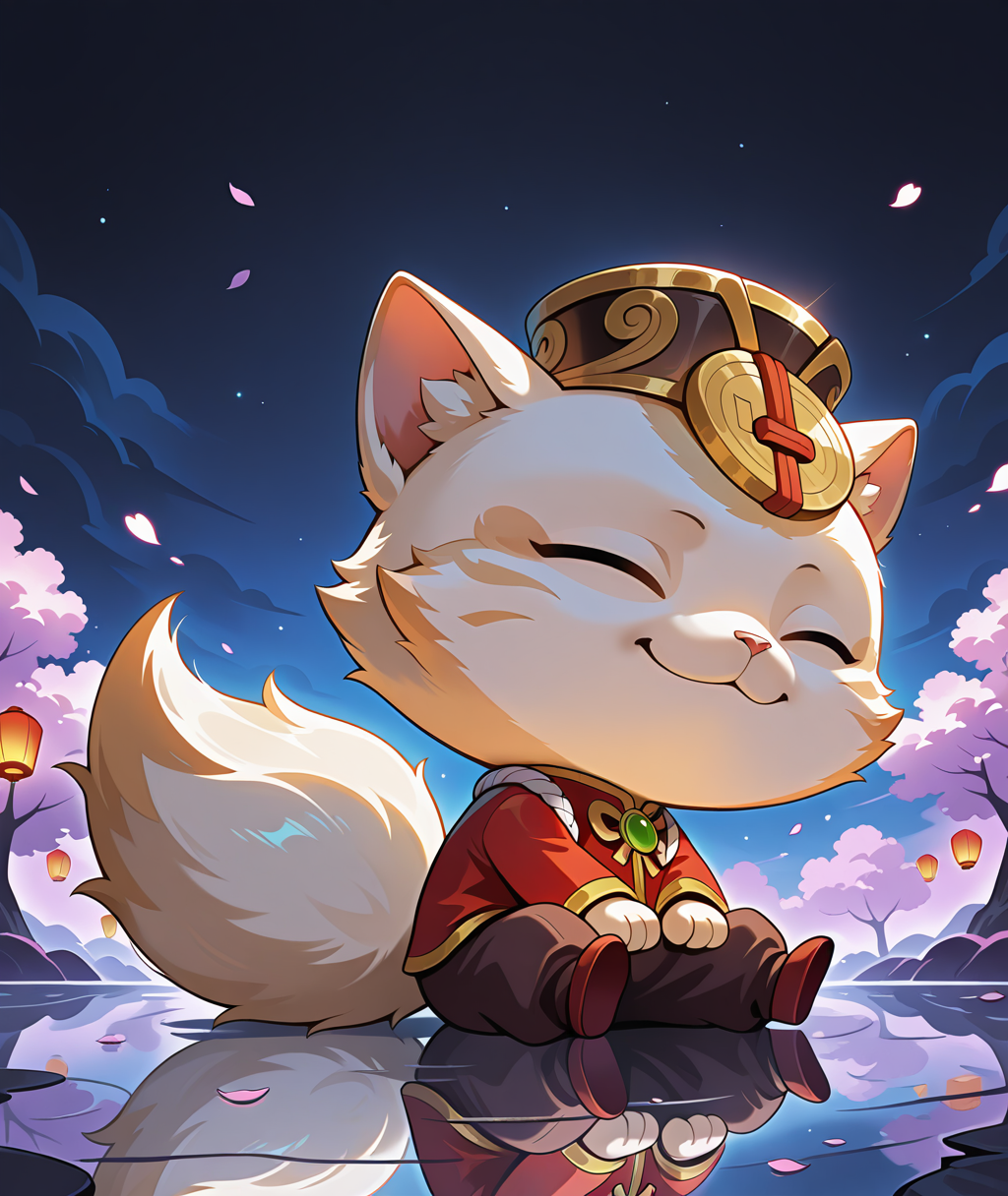 vibrant color, detailed, detailed background, no lineart,
, <lora:teemo-v3-000014:1> BREAK (wrtfc), cat_boy, 1other, male focus, closed eyes,
,  (plump:0.5), chibi:0.5, small (doppa_hat), (coin_ornament), 
, chinese clothes, white tasuki rope, tangzhuang_shirt, brown baggy pants, red flats_shoes, sitting, reflection, water_on_ground,
, festival, carnival, 
, falling petals, fallings papers, red papers, beutiful background,
, fluffy tail, cinematic ambience, 
, night, dark, darkness, purple cherry blossoms, glowing  cherry blossoms,
