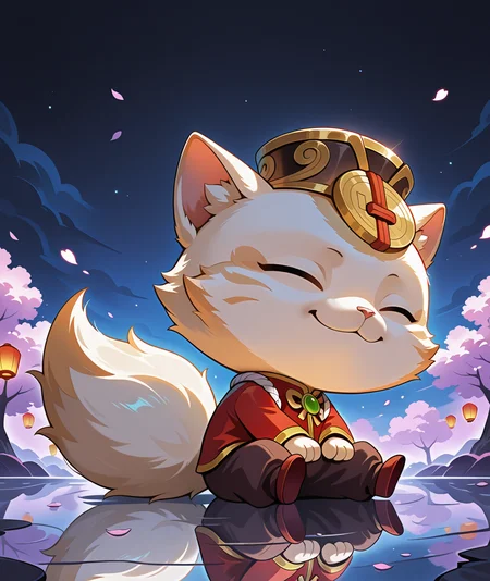 vibrant color, detailed, detailed background, no lineart,
, <lora:teemo-v3-000014:1> BREAK (wrtfc), cat_boy, 1other, male focus, closed eyes,
, (plump:0.5), chibi:0.5, small (doppa_hat), (coin_ornament),
, chinese clothes, white tasuki rope, tangzhuang_shirt, brown baggy pants, red flats_shoes, sitting, reflection, water_on_ground,
, festival, carnival,
, falling petals, fallings papers, red papers, beutiful background,
, fluffy tail, cinematic ambience,
, night, dark, darkness, purple cherry blossoms, glowing cherry blossoms,