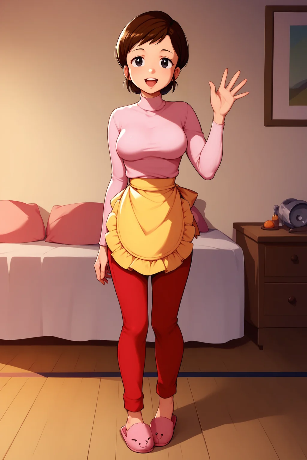 score_9, score_8_up, score_7_up, score_6_up, BREAK, AtaruMotherUYXL, black eyes, brown hair, short hair, medium breasts, turtleneck, pink shirt, long sleeves, yellow waist apron, red pants, pink slippers, solo, full body, standing, waving, seductive smile, looking at viewer, indoors <lora:AtaruMotherUYXL:1>