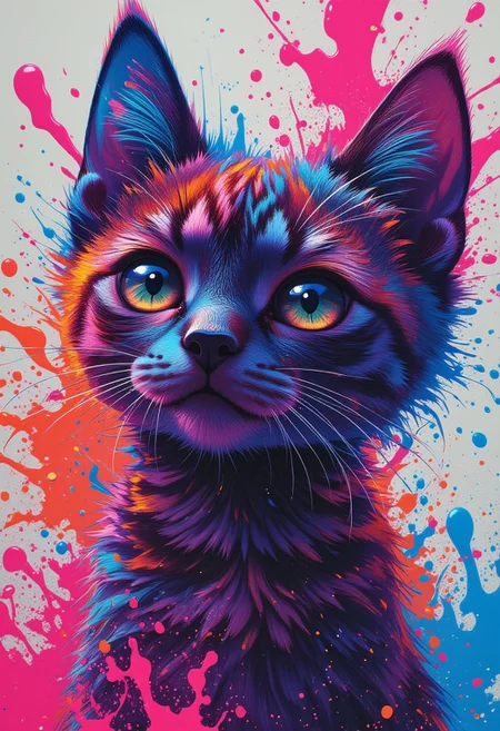 extreme quality, cg of a detailed kitten, detailed face+eyes, (bright colors), splashes of color background, colors mashing, paint splatter, complimentary colors, electric, neon, magical, (thunder cat), impatient, (limited palette), synththwave, masterpiece, fine art