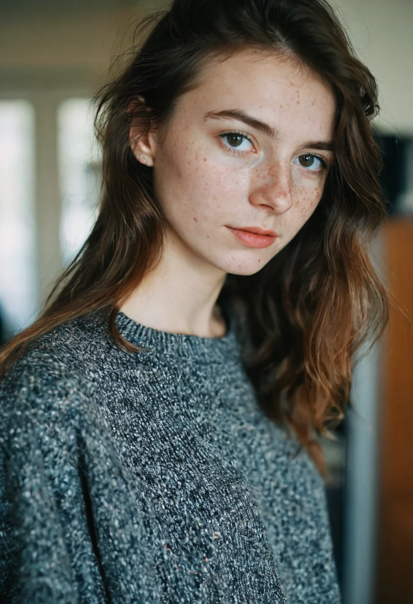 A beautiful 20-year-old Russian female college student, brunette, close-up, woman next door, baggy clothes, interior, film grain, retro, bokeh, sharp focus on subject, Fujifilm XT-3,freckles,