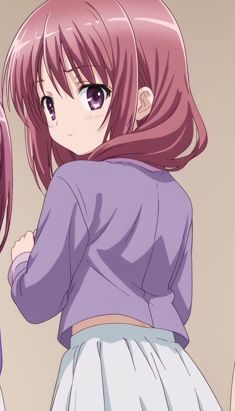 kaoriminato,purple eyes,white skirt,pink hair,<lora:Kaori_Minato:1>,looking back,, anime screencap,score_9,simple background,