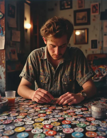 retr0grade90s A guy playing with large pogs sitting at a table.<lora:General Flux\retrograde-90s.safetensors:0.9500000000000001:1.0>