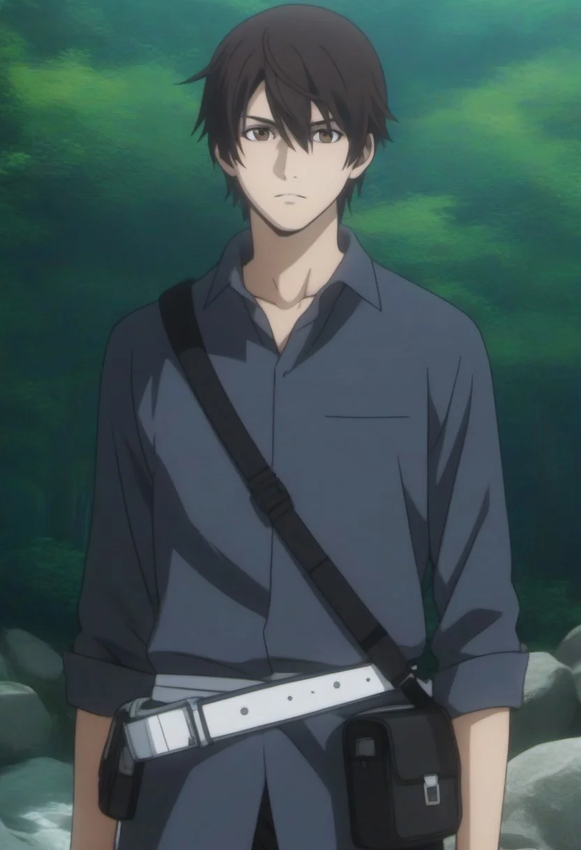 ((masterpiece)), ((best quality)), ((ultra-detailed)), ((absurdres)), score_9_up, score_8_up, score_7_up,
HD, top quality, best quality, amazing quality, High-quality illustrations, anime screencap, source_anime, best aesthetic, perfect proportions, perfect eyes, 1boy, 1male, solo boy, solo male, male focus, solo male focus, Anime, boy, male anime character, anime boy, handsome, cute, charming, sexy, good-looking, Ryouta Sakamoto, black-brown hair, brown eyes, dark gray collared shirt, rolled sleeves black sling bag, white waist pouch bags, black pants, green gem left hand, ((slim body, lean body)), ((deep forest, rocks)), ((cowboy shot, head to hips shot)), ((front view, front shot, facing front, view from the front))