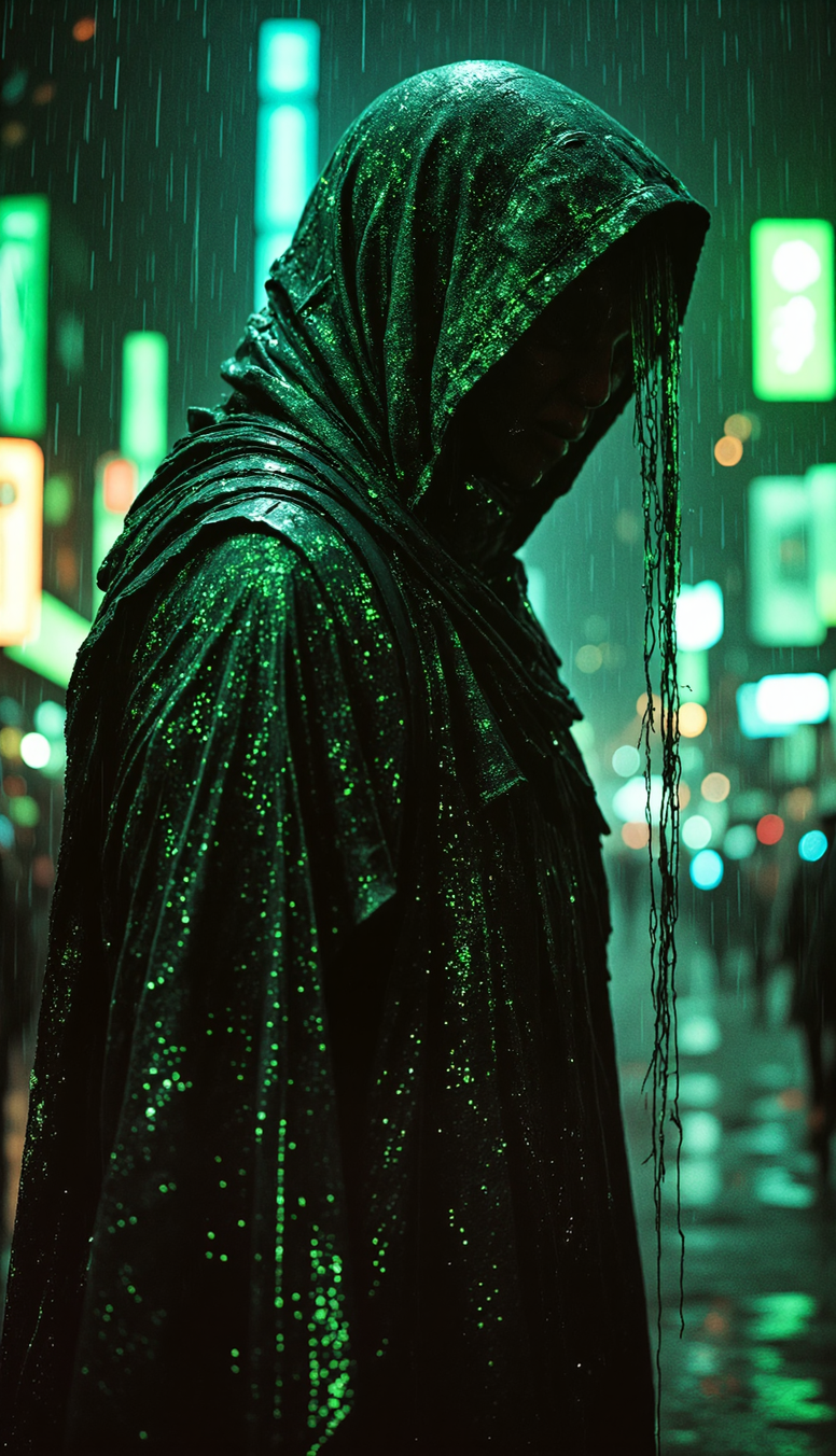 A surreal portrait of a cybernetic sentinel with a head made of cascading green digital rain, standing in a rainy urban nightscape. The digital rain flows down her head, mimicking the Matrix code, glowing with an emerald hue against the dark surroundings. She wears a long, tattered cloak with glowing green circuitry patterns, fully covering her body, reflecting the wet neon light. The rain merges with the digital rain, creating a seamless blend of reality and code. The background features a cityscape with towering skyscrapers and flickering green Matrix codes, enhancing the cyberpunk vibe. The scene is captured with a Leica M11 and 50mm Summilux-M f/1.4 lens at f/2.8, using cinematic lighting with a shallow depth of field to highlight the digital rain and cloak textures. The background is a blurred mix of neon greens and blacks, creating a dreamlike atmosphere with a Matrix-inspired aesthetic, ultra high resolution, 8K, RAW photo, dramatic angle, rich texture details, epic lighting. <lora:KB_Kentmere400_FLUX:0.05> <lora:Epic_gorgeous_Details:0.53> <lora:Analog_Photo_Style:0.25> <lora:sxz-Vintage-Fantasy-Flux_DVD:0.35> <lora:soaked_brand_pfeffi_KB_FLUX:0.04> <lora:Vintage_Neon_Film:0.25> <lora:Neon_Retrowave_by_ChronoKnight_-_[FLUX]:0.45> <lora:-_Flux1_-_vanta_black_V2.0:0.7> <lora:GORv2_GODDESS_of_Realism_v2_v1.0:0.6> <lora:NAI_Flux1._D_-_The_Edgy_Mech_NAi_v3.0_robot_cyberpunk:0.9>