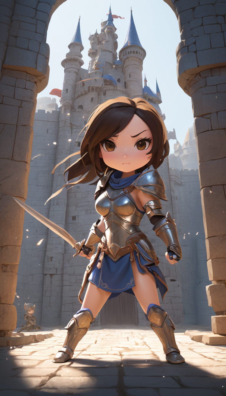 Cinematic scene, hero view, female warrior, action pose, castle, detailed background, masterpiece, best quality, high quality, highres, absurdres, chibi <lora:nendoroid_xl_v7:1>