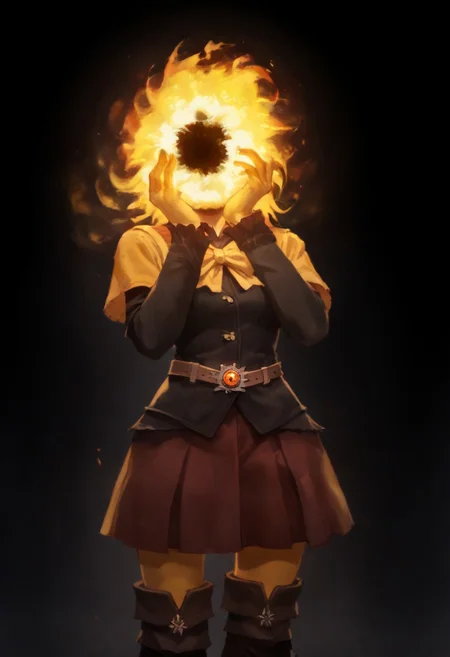 score_9, score_8_up, score_7_up,
lord_of_frenzy, fire head,
novakin, faceless, no eyes, no mouth, no nose, no facial features, short fiery yellow orange hair, body made of black plasma,
magical girl outfit, steampunk dress, boots,
shaft head tilt
simple background, grey background,
yandere trance, hands on own face, hands on own cheeks