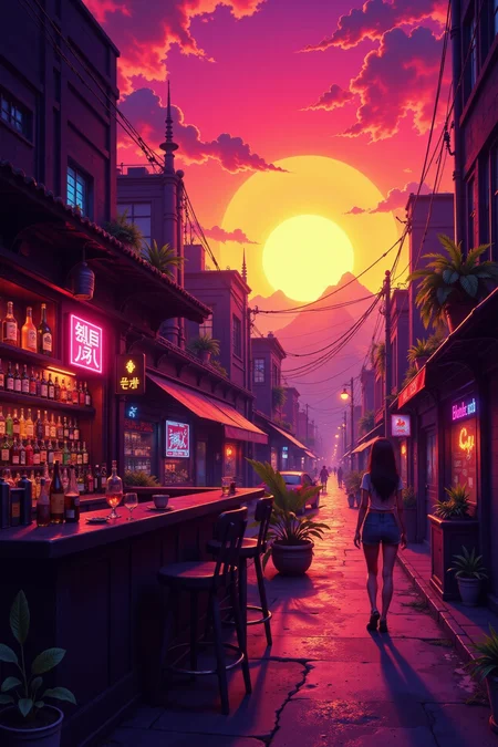 a cyberpunk bar in a futuristic street anime landscape, sunset, woman, very intricate, very detailed, sharp, bright, colorful, <lora:Hand v2:0.5> <lora:Anti-Blur:1><lora:Insane Detail Slider:0.25> <lora:flux.1_lora_flyway_Epic-detail_v2:0.3> <lora:fluxenhancer:0.25> <lora:ROWER:0.6> <lora:flux-charmer-v1-1:0.4> <lora:Crazy_Horror:0.6> cr3z1h0rr0r