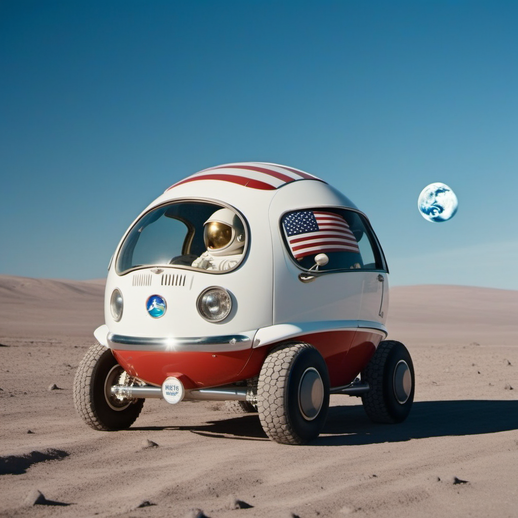 an astronaut drives pearly white bubble car, on the moon, american flag, earth, space, stars,  photography, ultra sharp, film, professional, 64k <lora:PeaCar1024:0.8> <lora:add-detail-xl:1.5>