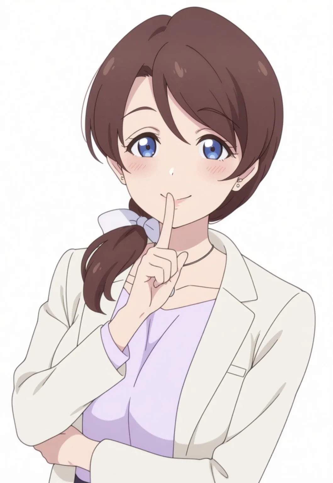 llsdirector, 1girl, blue eyes, brown hair, long hair, ponytail, low ponytail, hair over shoulder, white bow, mature female, jewelry, necklace, collarbone, white jacket, stud earrings, purple shirt, anime screencap,

big breasts, masterpiece, best quality, very aesthetic, absurdres, highres, 

(white background), (from side:0.3), (dutch angle), smile, blush, looking at viewer, shushing, arm under breasts, upper body, 