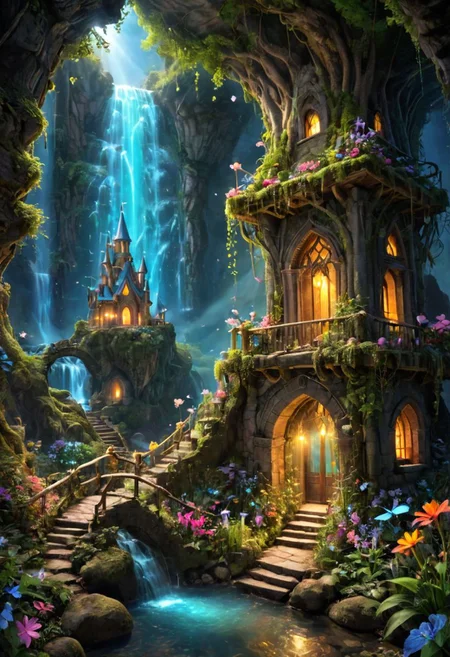 a hidden fantasy world with magical creatures,majestic landscapes,enchanted forests,sprawling mountains,mystical rivers,mythical creatures,elaborate castles,glistening waterfalls,breathtaking sunsets,ethereal lighting,dreamlike colors,pixie dust,whimsical atmosphere,vibrant flora and fauna,ancient ruins,secret pathways,timeless beauty,ethereal mist,spellbinding charm,enchanted waterfalls,serene lakes,celestial moonlight,enchanted flowers,luminous fireflies,dancing fairies,majestic unicorns,soaring dragons,mysterious caves,magical portals,enchanted whispers,ancient prophecies,whispering trees,glowing crystals,endless adventures,infinite possibilities, vivid colors, OverallDetailXL, *Channel_42*