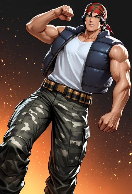 masterpiece, best quality, amazing quality, dutch angle, abstract background, BREAK
1boy, solo, male focus, kof_ralf, bandana, black hair, green eyes, stubble, vest, white shirt, camouflage pants, ammo belt, BREAK
<lora:cfg_scale_boost:.6> <lora:Ralf_Jones_-_King_of_Fighters_-_ILXL:1>