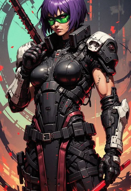 A digital painting in the style of ck-js, nistyle, smoke mask, Green Glass with data and target in lens, black Full roman armor with two white extra mechanical arms, missile launcher in shoulder, hold red chainsaw Blade, purple short Bob hair, like eyes, Black lips with gloss, tan skin, large breasts, muscular, Far view, Full body
