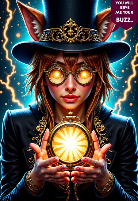 A photo of female fox girl hypnotist, wearing a top hat, wearing a monocle, holding a pocket watch, it sways hypnotically, motion lines of watch moving, viewer's eye reflects on watch glass, glass, intricate light, intricate artwork masterpiece, golden ratio, trending on artstation, highly detailed. watch is metallic. mtlartCE_style. aidmatextimprover. Text bubble comes out of hypnotist that reads "You will give me your BUZZ..." electric plasma flows around edges of frame, colorful