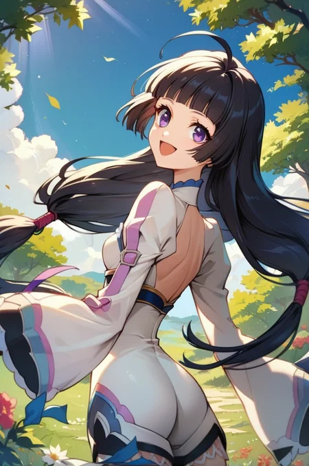 score_9, score_8_up, score_7_up, very aesthetic, source_anime, detailed, high quality, beautiful, masterpiece, detailed eyes,
<lora:lightXL:0.8>
sky, daylight, forest , tree,
cowboy shot, close up, dynamic angle, upper body,
small breasts, smile, mouth open, dynamic pose, from behind,
<lora:kohaku_autismConfetti_v02:0.99>
kohaku (tales), black hair, purple eyes, 1girl, very long hair, blunt bangs, ahoge, low tied hair,
lace, white bodysuit, long sleeves, (wide sleeves:0.5), leg ribbon, white footwear,, zPDXL