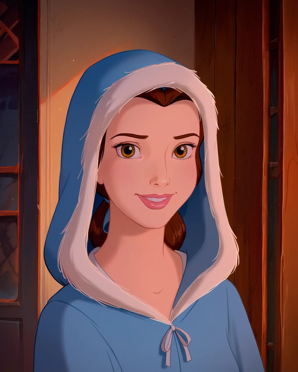 score_9, score_8_up, score_7_up, zPDXL, <lora:Disney_Style:1>DisneyRenstyle, BBelle, BAB, 1girl, hood, brown hair, brown eyes, fur trim, looking at viewer, smile